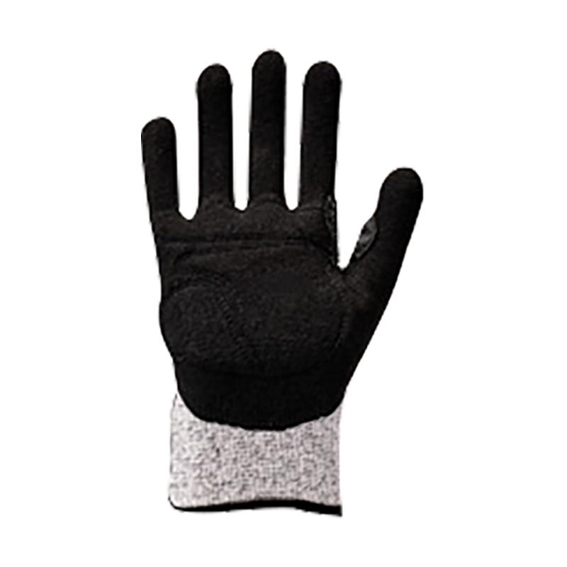 Doublure HPPE/fibre de verre 13G avec revêtement en nitrile sableux, PVC cousu au dos et EVA sur la paume, renfort à l'entrejambe du pouce